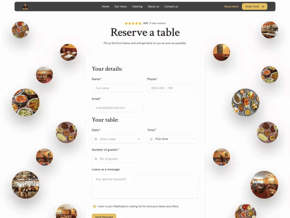 Reservation form of Madhuban Indian Cuisine website