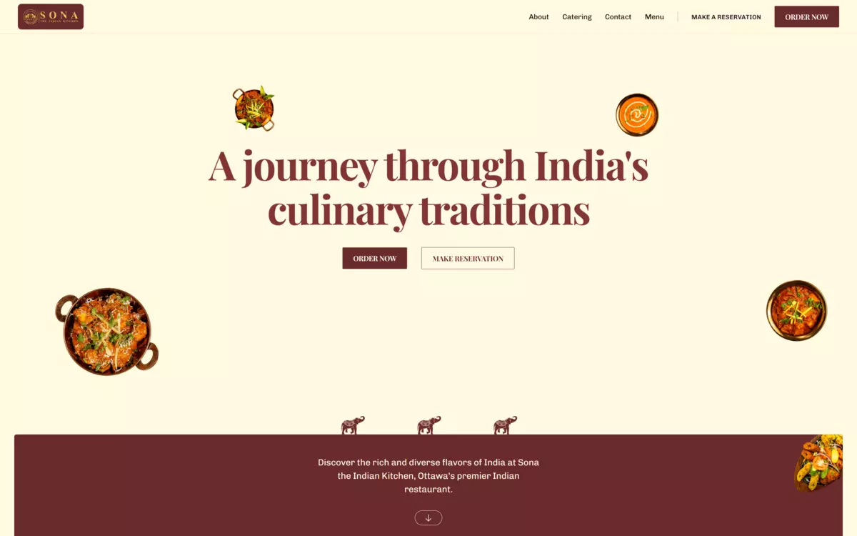 homepage of Sona the Indian Kitchen's website