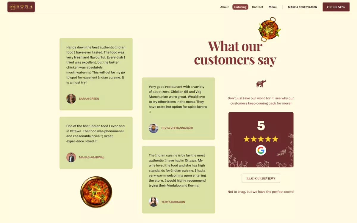 Review section of Sona the Indian Kitchen's website