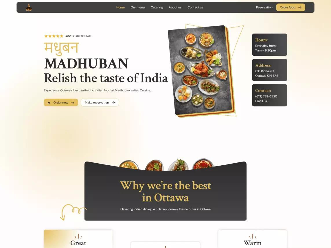 Homepage of Madhuban Indian Cuisine website