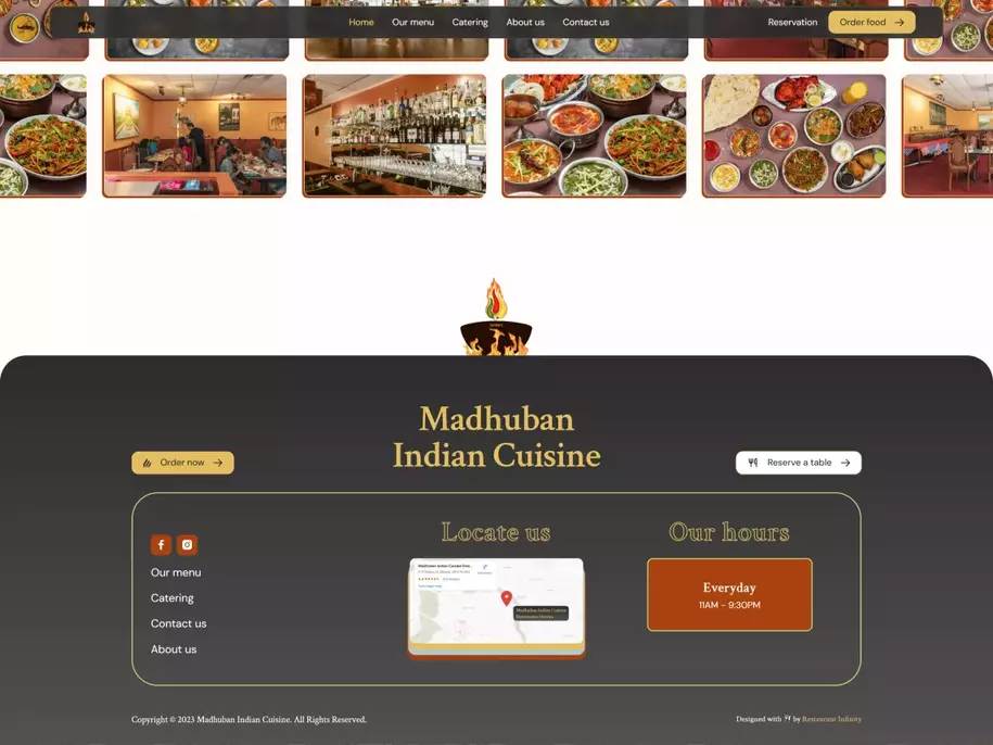 Footer section of Madhuban Indian Cuisine website