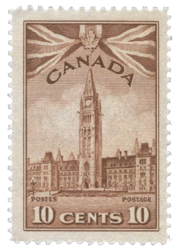 a 10 cent Canadian stamp with a picture of the Parliament of Canada